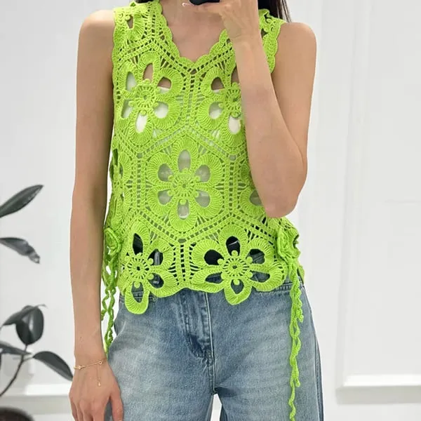 Women's Crochet Tank Top with Floral Embroidery