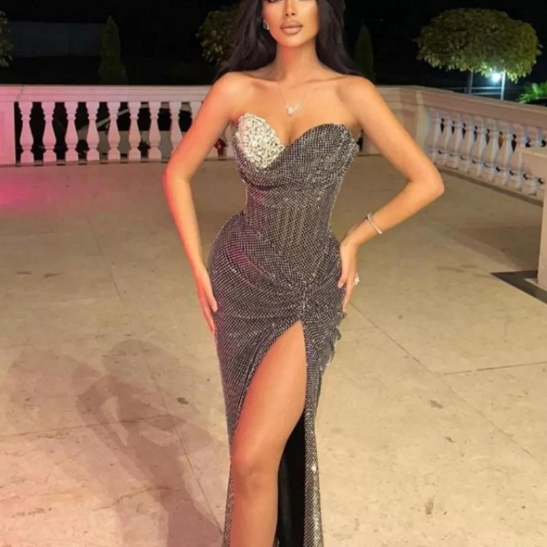 Black Handmade Sequin & Rhinestone Fishbone Tube Dress